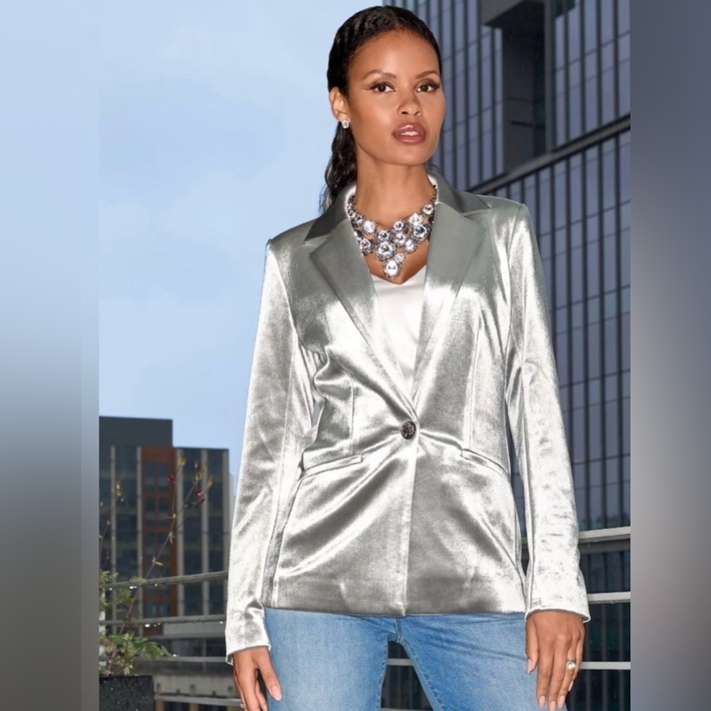 White House Black Market Blazer Jacket Velvet Silver Single Button Dressy